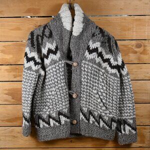 Vintage Handmade Cowichan Style Knit Acrylic Shawl Collar Sweater - MD